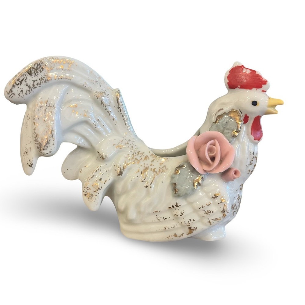 Capodimonte Style Ceramic Rooster Bud Vase with Pink Rose and Gold Accents
